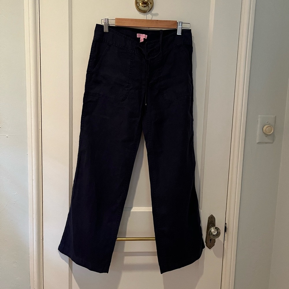 Lilly Pulitzer navy linen pants with gold drawstring and button detail